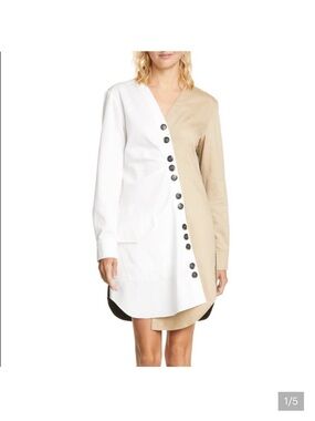 Tibi Two-Tone White and Beige Asymmetric Button-Front Long Sleeve Shirt Dress